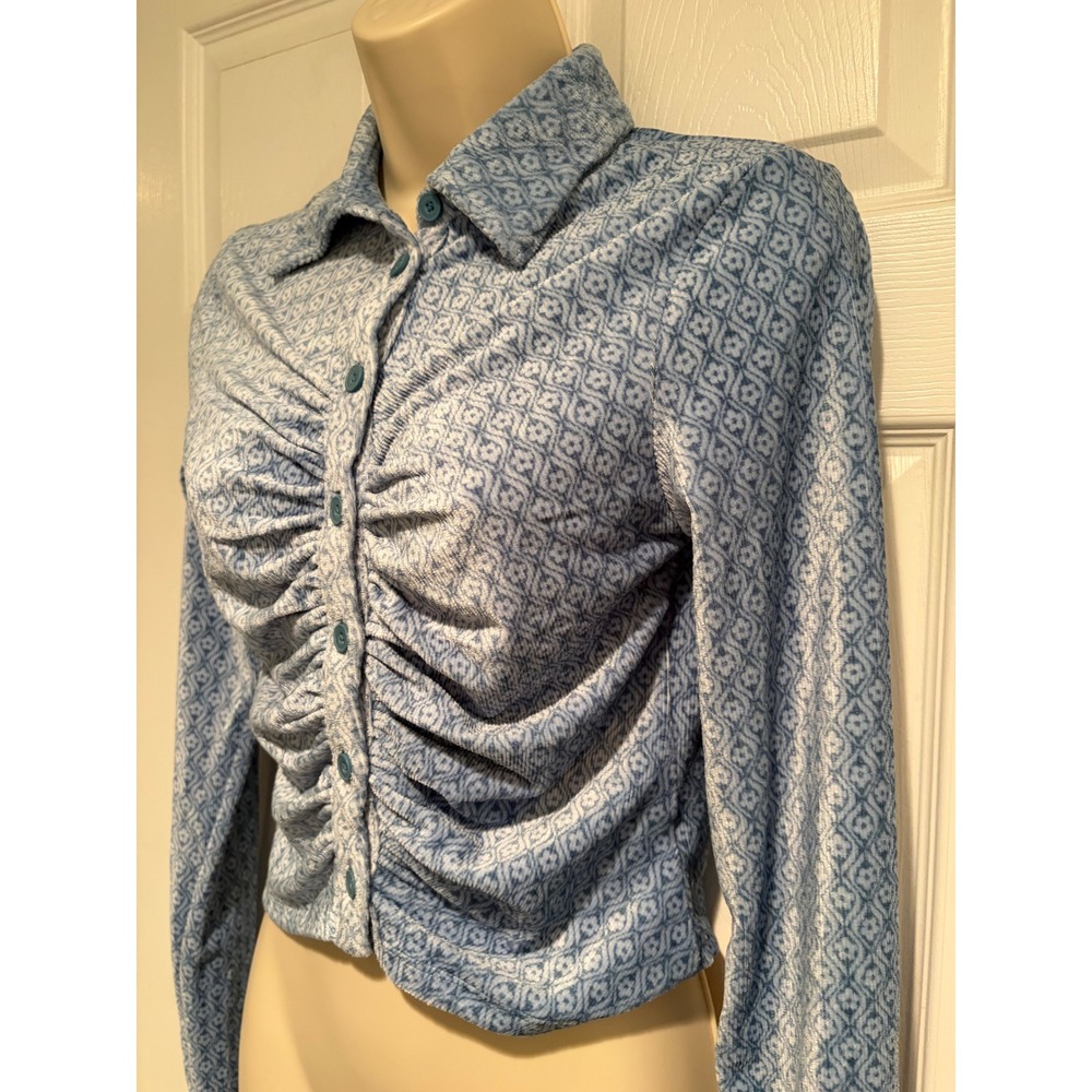 SO Goods For Life Blue Geometric Ruched Front Button Up Long Sleeve Top M Y2K